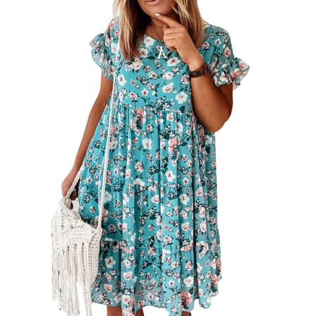 Kvinnor Print Klänning Sommar Ruffle Kortärmad O-neck Mini