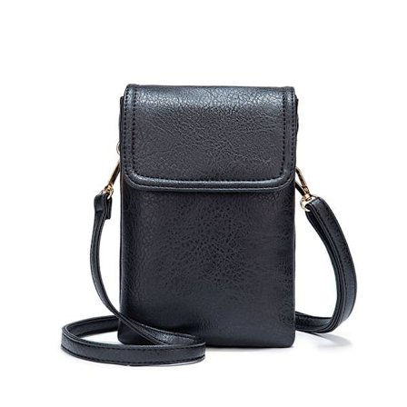 Mobiltelefon Crossbody Bag, Dame Lær Teksturert Liten Lommebok Veske med Justerbar Skulderstropp (Svart)