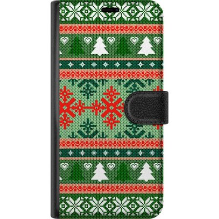 Kompatibel Tegnebogsetui til Motorola Moto G24 Jule-inspireret strikkeopskrift i rødt, grønt og hvidt med snefnug, hjerter og grantræer der skaber