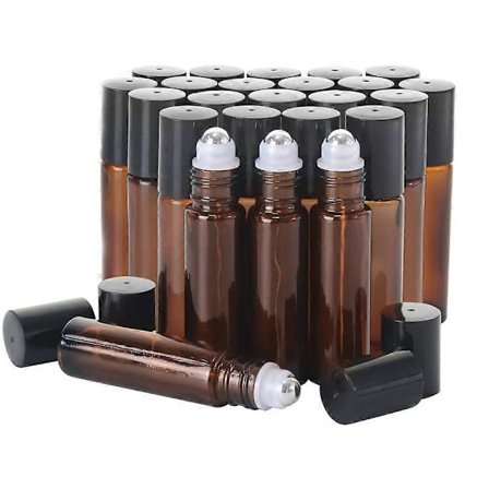 24 stk. 10 ml rollerflasker for eteriske oljer - Amber, glass med rullekuler i rustfritt stål (3 ekstra rullekuler, 54 etiketter, åpner, trakt, D
