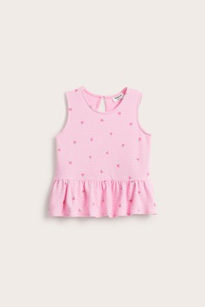 Kappahl | Top z falbaną, z wzorem w truskawki, z tkaniny o strukturze kory Jasnoróżowy 110/116 | Dziecko