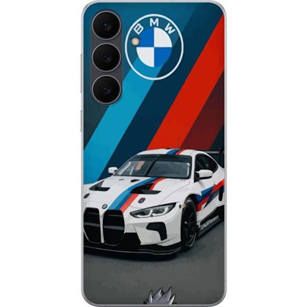 Kompatibelt Mobilskal till Samsung Samsung Galaxy S25 FE BMW M Sport design med vit racingbil och klassiska M ränder exklusivt bilmotiv perfekt för