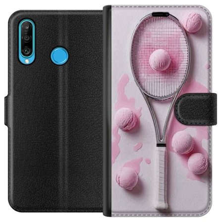 Kompatibel Tegnebogsetui til Huawei Huawei P30 lite Rosa glaskugler og tennisketsjer i et kreativt stillbillede med legende popfølelse og moderne des