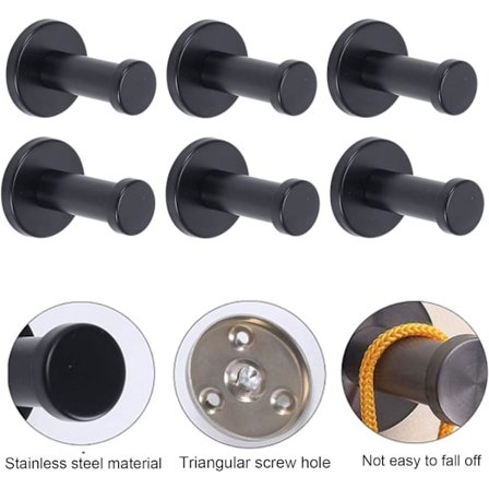 Round Stainless Steel Coat Hooks 6 Pack Black Brushed