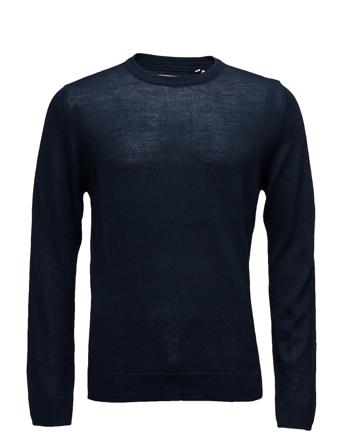 Merino Knit O-Neck Stickad Tröja M. Rund Krage Blå Lindbergh