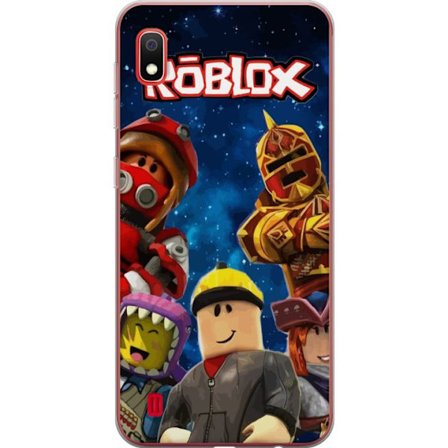 Samsung Galaxy A10 Gjennomsiktig deksel Robloxhelter står foran en stjerneklaar rombakgrunn med fargerike karakterer som skaper energi, eventyr og sp