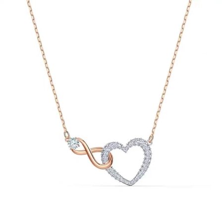 Infinity Heart Smyckeskollektion, Halsband och Armband, Roséguld Rhodiumton Finish, Klara Kristaller