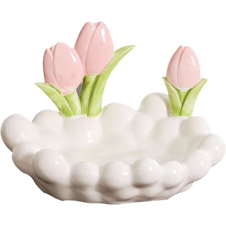 Keramisk Tulipan Opbevaringsbakke - Blomstret Entré Organizer til Nøgler & Smykker, Dekorativt Vanity Fad til Makeup, Skrivebordsindretning