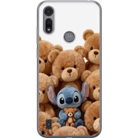 Kompatibel Mobilcover til Motorola Motorola Moto E6i Sød og sikker illustration med Stitch omgivet af bamser, der skaber en varm og legende følelse