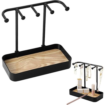 Smyckesställ, Halsbandshållare med Träbricka, Smyckesställ med Krokar för Halsband, Armband, Örhängen, Ringar, Nycklar