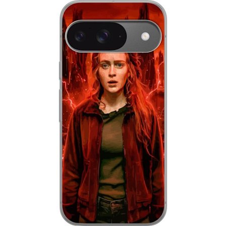 Kompatibelt Mobilskal till Google Google Pixel 9 Pro Porträtt av en ung kvinna med rött hår i en apokalyptisk landskap, röda blixtar och mörka kl