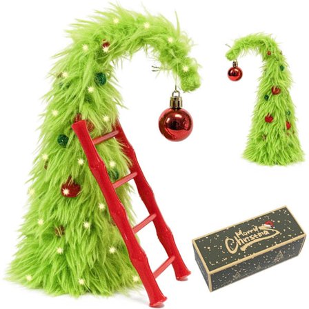 Mini julgran, 30 cm hög, dekorerad med färgade ljus, grön plyschjulgran, Grinch julgran. Stege julgran.