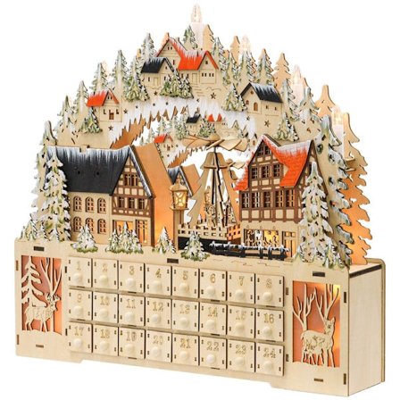 Rootz festlig magisk juladventskalender - Wooden Village - LED-lampor - 24 dagars nedräkning - MDF - 45cm x 9cm x 42,5cm