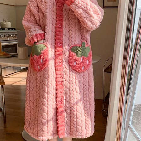 Dam Coral Fleece-fodrad Vinter Morgonrock - Mellanlång V-ringad Knappstängning med Jordgubbsfickor, Mysig Plysch Långärmad Badrock för Jul...