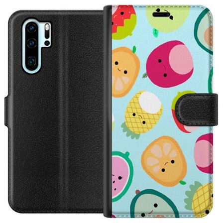Kompatibel Tegnebogsetui til Huawei P30 Pro Mønster af kawaii frugter som jordbær citron ananas og avocado på lyseblå baggrund