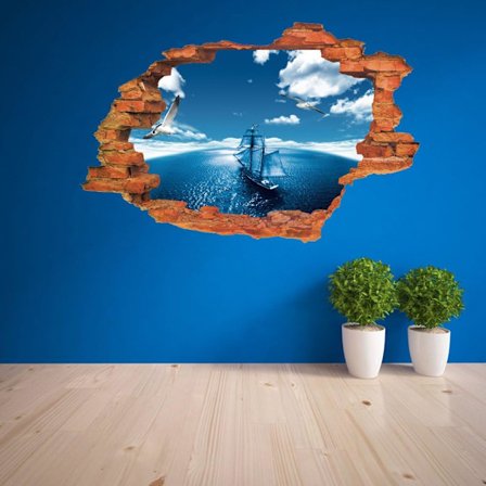 Stora 3D Blue Sky självhäftande, avtagbar borrvägg Vinylväggdekal/dekoratorväggkonstdekaler (Blue Boat VC1003 (50x70cm))