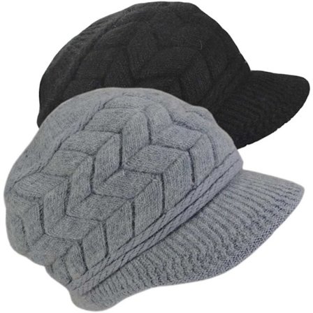 Varm ribstrikket hue med skygge til kvinder, skihat i uld med plysfor til koldt vejr, tyk beanie sort/grå M