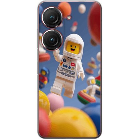 Kompatibelt Mobilskal till Asus Zenfone 9 LEGO-inspirerad astronautfigur i rymden bland färgglada planeter, lekfull 3D-illustration för barnrum, aff