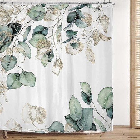 Eucalyptus Dusjforheng 183x183 cm Grønne Blader Gull Akvarell Plante Natur Botanisk Blad Blomstret Baderomstekstil Vanntett Toalett Tilbehør