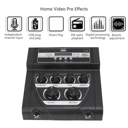 F8 Sekoituspöytä Ulkokäyttöön Karaoke Mikrofoni Bluetooth-Tallennuksella Musta Koti Sekoituspöytä 100‐240V US-Pistoke