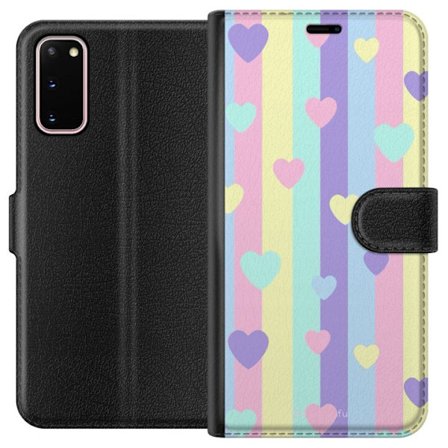 Kompatibel Tegnebogsetui til Samsung Galaxy S20 Pastelstriber i lyserød, gul, lilla og blå med spredte hjerter i blød kawaii-stil.