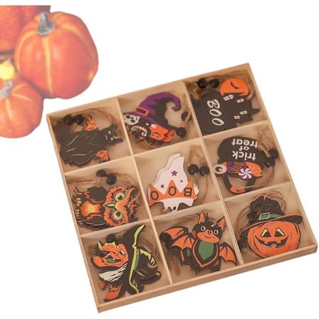 9 stk. Halloween-trepynt i tre, skumle Halloween-anheng for dekorasjon, sett B B