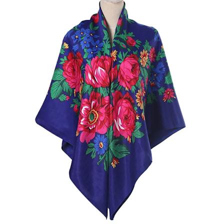 140*140cm Kvinders Russisk Firkantet Sjal Retro Blomstertrykt Bandana Etnisk Shawl Lommetørklæde Babushka Hijab Hovedindpakning Royal blue