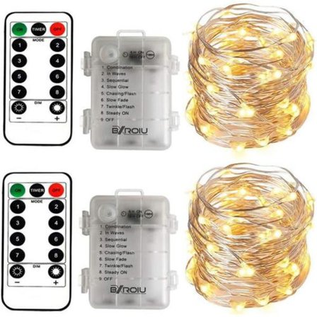 x 50 lysdioder batteridriven ljusslinga, 5 meter Micro Silver 3AA kabel Vattentät batteridrift med fjärrkontroll 8 program (varmvit)