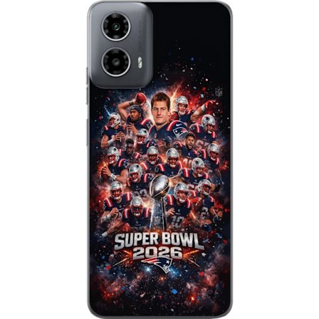 Kompatibel Mobilcover til Motorola Moto G34 Super Bowl 2026 plakat med New England Patriots og NFL-pokal i eksplosiv sportsdesign