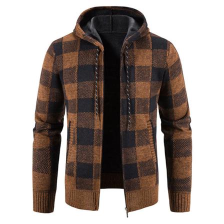 Män Rutig Hooded Neck Öppen Front Jacka Dragkedja Tjocka Ytterkläder