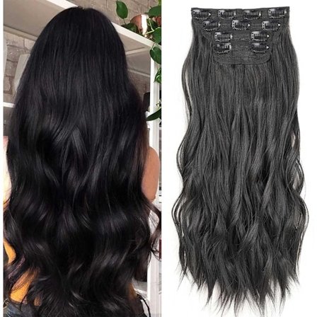 Black Wavy Clip in Hair Extensions - Synthetic Wavy Hair Extensions for Women - 4 Pieces Full Head Set