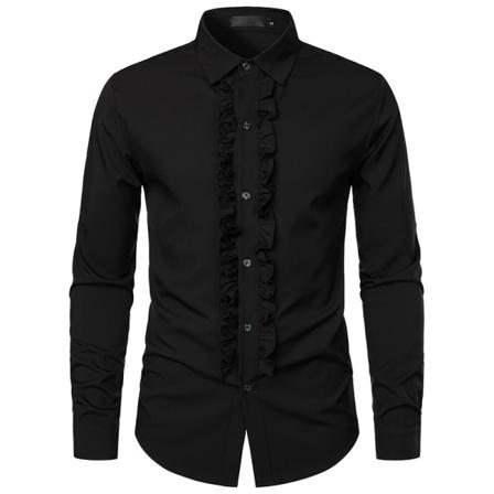 Smokingskjortor för män Slim Fit Rufsade bröllopsmiddagstoppar BLACK XL