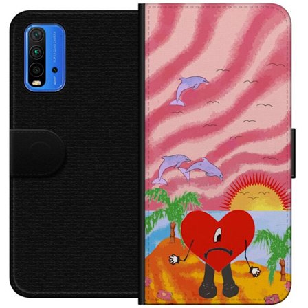 Kompatibelt Lommeboketui til Xiaomi Redmi Note 9 4G Bad Bunny i en fargerik quiltet jakke med hjertemønster og solbriller i moderne gatestil