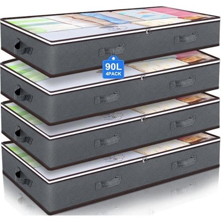 4-pak Opbevaring under sengen, 90L Stor opbevaringsboks med låg til under sengen, Grå
