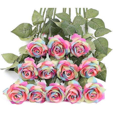 12 Pakke Kunstige Regnbueblomster, Regnbue Roser Buket Falske Regnbue Roser Ægte Touch Roser Silkeblomster Til Blomster DIY Hjem Bryllup Dekoration 