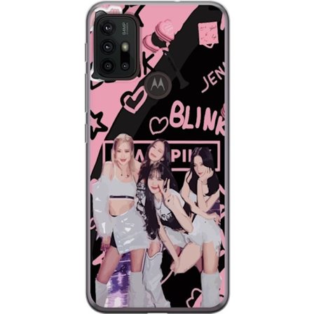 Yhteensopiva Puhelinkuori Motorola Motorola Moto G30 Blackpink Blink design Lisa Jennie Jisoo ja Rose, pinkki ja musta tausta, fanituotteet ja valosau