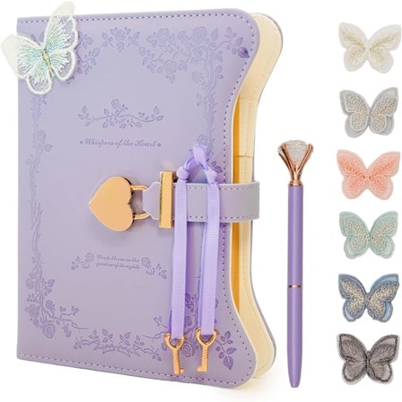 Dagbok med Lås og Nøkkel 360 Gullkantede Sider Journalbok B6 Hemmelig Påfyllbar Dagbok Notatbok med Penn og Sommerfugl for Kvinner (Lilla)