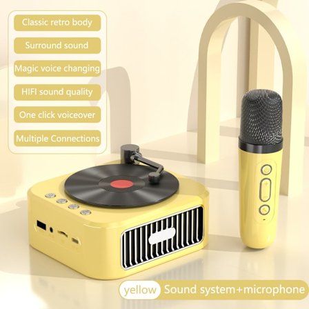 Gul + 1 Mikrofon - Ny Design Portabel Mini CD-spelare Klassisk Retro Trådlös BT Stereo Högtalare Tung Bas FM USB-minne TF Handsfree