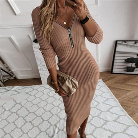 Höst V-ringad Casual Långärmad Party Bodycon Ribbstickad Klänning