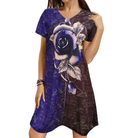 Print Klänning Kvinnor V-ringad Kortärmad Lös Sommar Knä-