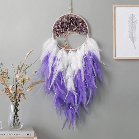 Käsityönä valmistettu kristalli boheemi elämänpuu unelmaverkko höyhen unelmaverkko kodin sisustus makuuhuoneeseen häät violetti