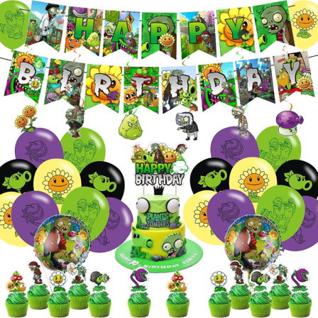 Plants Vs Zombies Festudstyr Inkluderer Banner - Kagetopper - 12 Cupcakes Toppers - 20 Balloner - 2 Folieballoner - 6 Swirls
