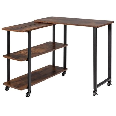 COSTWAY Hjørneskrivebord på hjul med 3 L-formede hylder, computerbord med robust metalstel, 80 x 71,5 x 67 cm