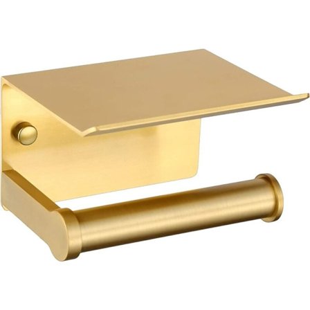 Toalettpappershållare, väggmonterad toalettpappershållare med förvaringshylla, 3M självhäftande, aluminium (guld)