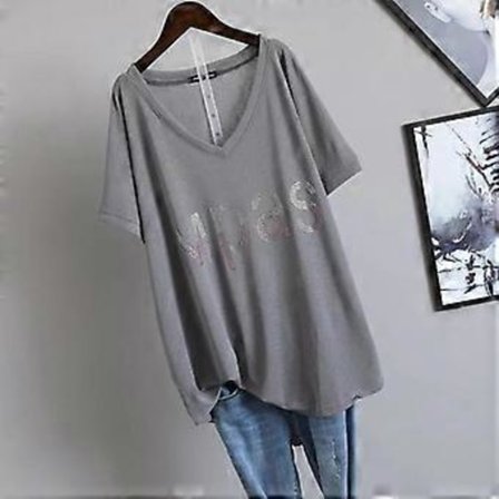 Erittäin suuri T-paita Naisten Kesä V-kaula-aukkoinen Vaatteet Muoti Löysä Timanttikoristeltu Kirjain Lyhythihainen T-paita Naiset (XL harmaa)