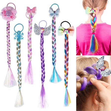 6 stk. farvede fletninger hårextensions til børn med elastikker P