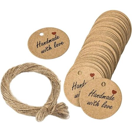 100 STK Kraft Papir Etiket Gavemærker 3x3cm Rund Etiket Kraft Mærker Bryllupsetiket med Snor kompatibel Slik Jul Fødselsdag Nadver (Brun)...
