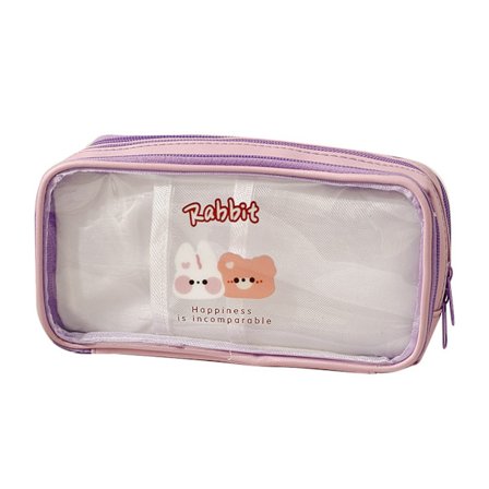 Gjennomsiktig blyantveske søt tegneserie mønster stor kapasitet vanntett PVC pennveske blyant oppbevaringspose lilla bjørn kanin