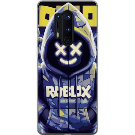 Yhteensopiva Puhelinkuori OnePlus OnePlus 8 Pro Sinikeltainen Roblox-hupparihahmo, jossa on minimalistinen neon-tyyli ja verkkokasvot, nykyaikainen pe
