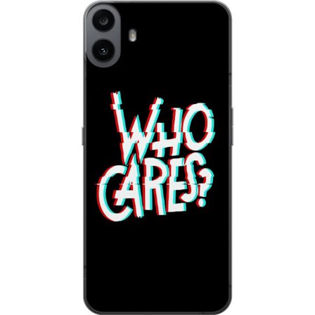 Yhteensopiva Puhelinkuori Nothing CMF Phone 1 Glitch typografia, jossa teksti "who cares" on punaisella ja syaanilla mustalla minimalistisella tausta